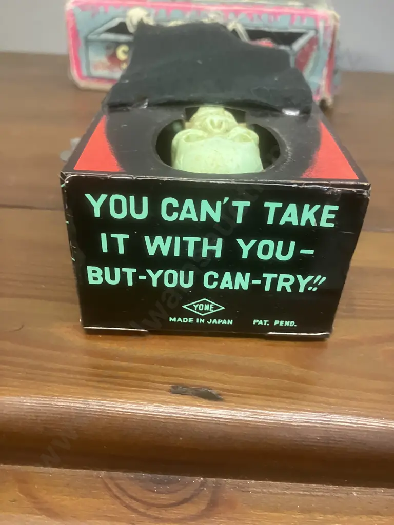 Vintage 1960's Coffin Bank Money Box - Mechanical Wind Up Skeleton Hand Coin Grabber & Box - YONE Japan (Not Working) Image 1++