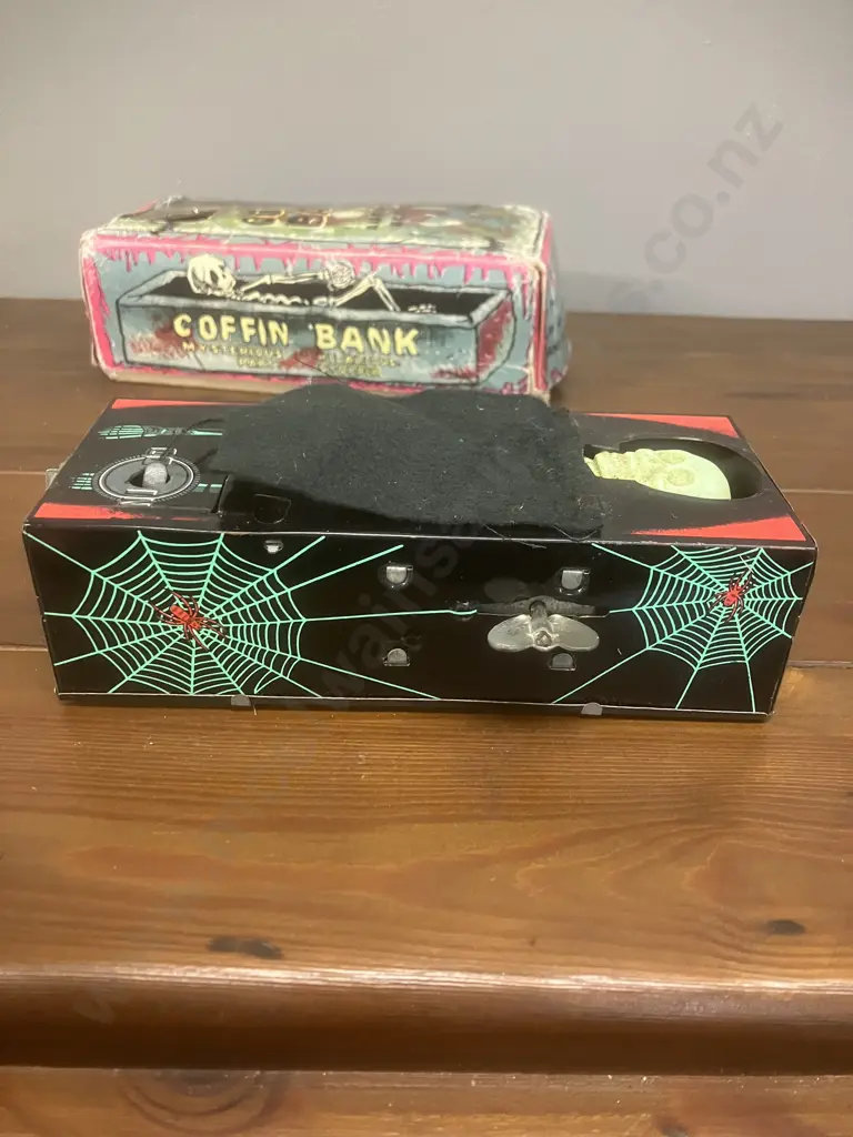 Vintage 1960's Coffin Bank Money Box - Mechanical Wind Up Skeleton Hand Coin Grabber & Box - YONE Japan (Not Working) Image 1++