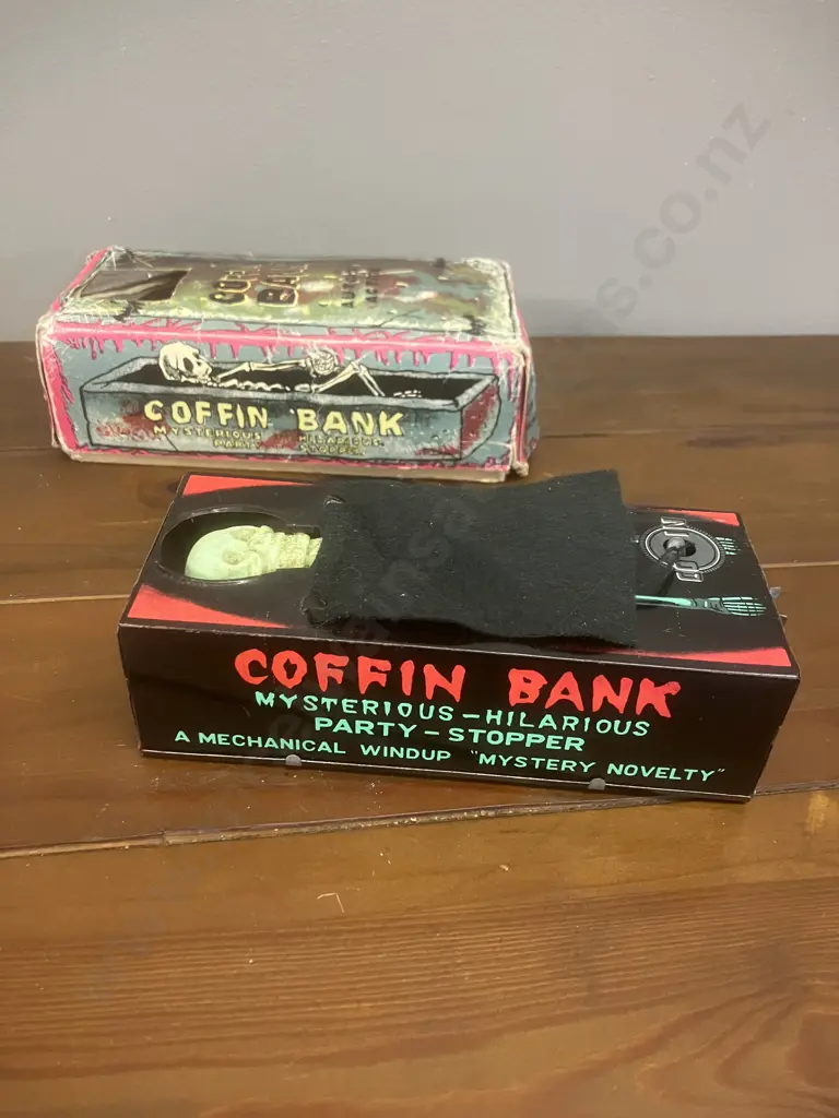Vintage 1960's Coffin Bank Money Box - Mechanical Wind Up Skeleton Hand Coin Grabber & Box - YONE Japan (Not Working) Image 1++