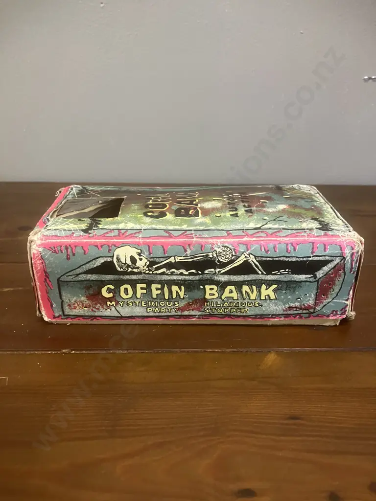 Vintage 1960's Coffin Bank Money Box - Mechanical Wind Up Skeleton Hand Coin Grabber & Box - YONE Japan (Not Working) Image 1++