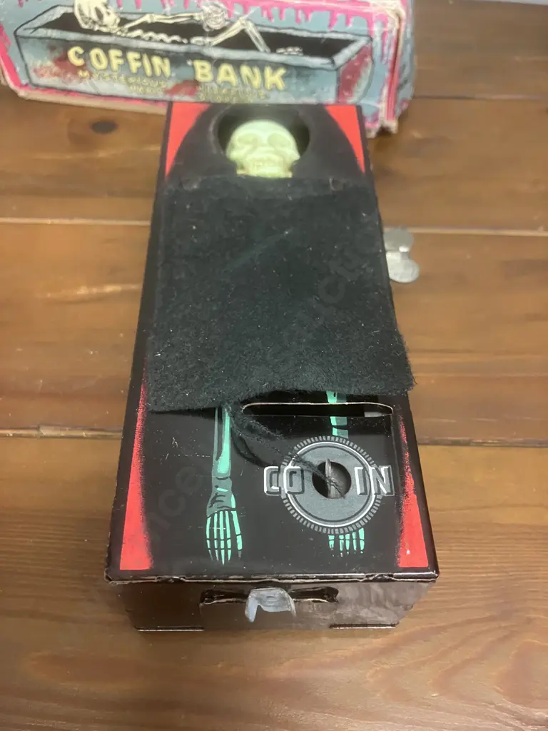 Vintage 1960's Coffin Bank Money Box - Mechanical Wind Up Skeleton Hand Coin Grabber & Box - YONE Japan (Not Working) Image 1++