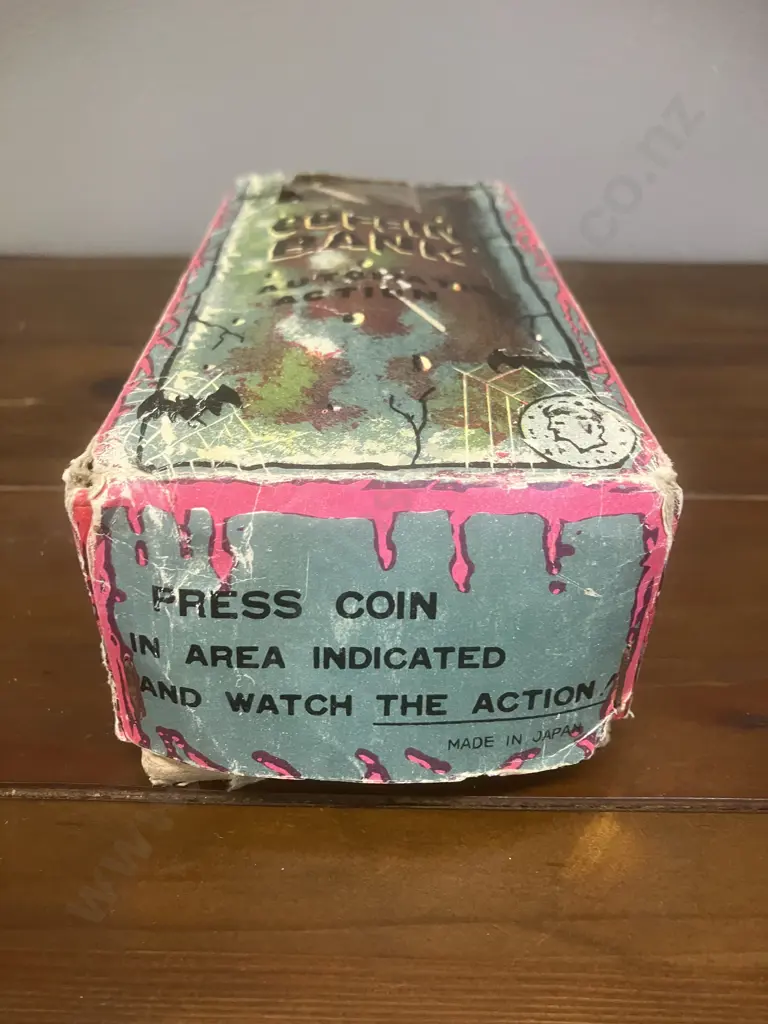 Vintage 1960's Coffin Bank Money Box - Mechanical Wind Up Skeleton Hand Coin Grabber & Box - YONE Japan (Not Working) Image 1++