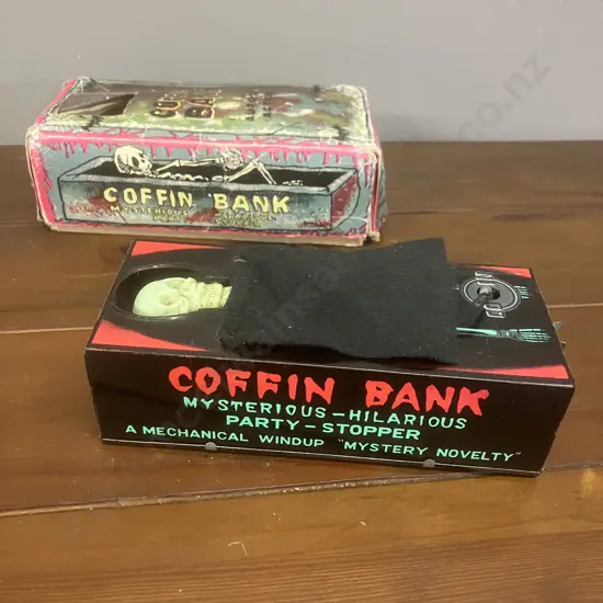 Vintage 1960's Coffin Bank Money Box - Mechanical Wind Up Skeleton Hand Coin Grabber & Box - YONE Japan (Not Working)