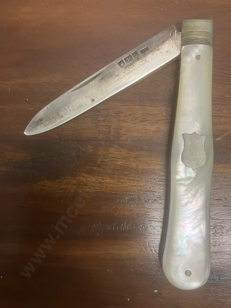 Antique Sterling Silver & Mother Of Pearl Folding Fruit Knife - Blade Hallmarked Charles William Fletcher Sheffield 1916 Image 1++