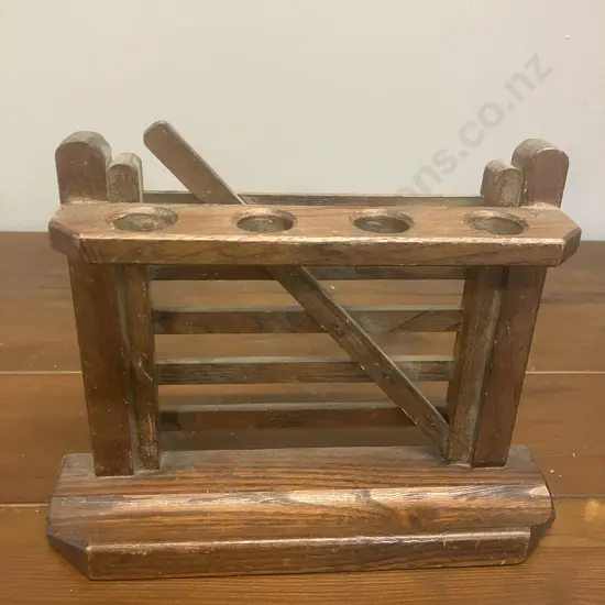 Vintage Wooden Gate Smoking Pipe Stand (Holds 4). H15 W20 D5.5cm