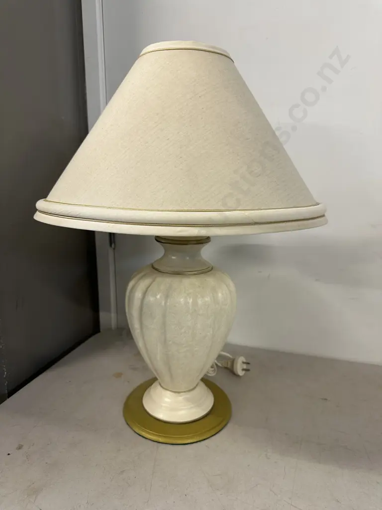 Mid Century Modern Ceramic Table Lamp Beige Base With Cream Lamp Shade Gold Detail H60cm. Image 1++