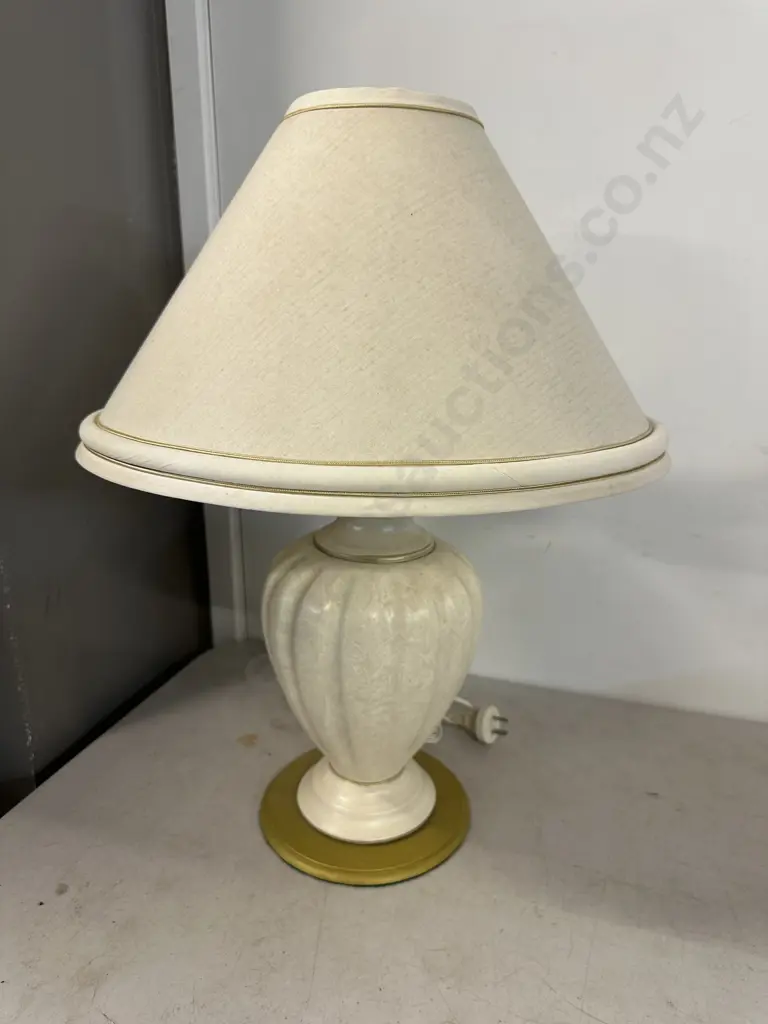 Mid Century Modern Ceramic Table Lamp Beige Base With Cream Lamp Shade Gold Detail H60cm. Image 1++
