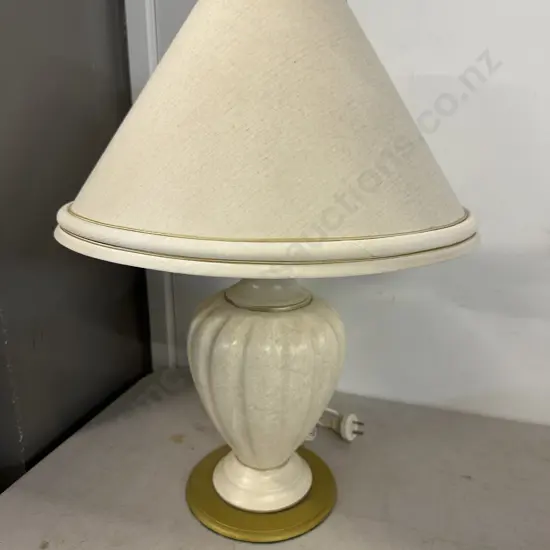 Mid Century Modern Ceramic Table Lamp Beige Base With Cream Lamp Shade Gold Detail H60cm.
