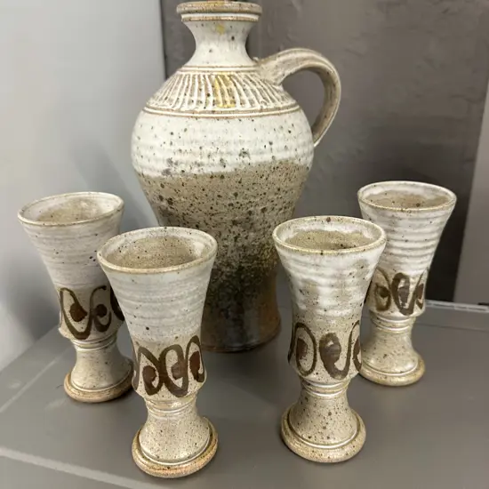 Pottery Decanter & Goblets x4