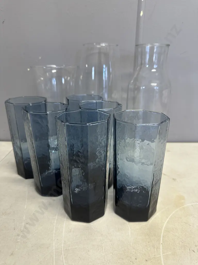 Glassware Items Including Stormy Blue Octagonal Set Of Six Glasses Image 1++