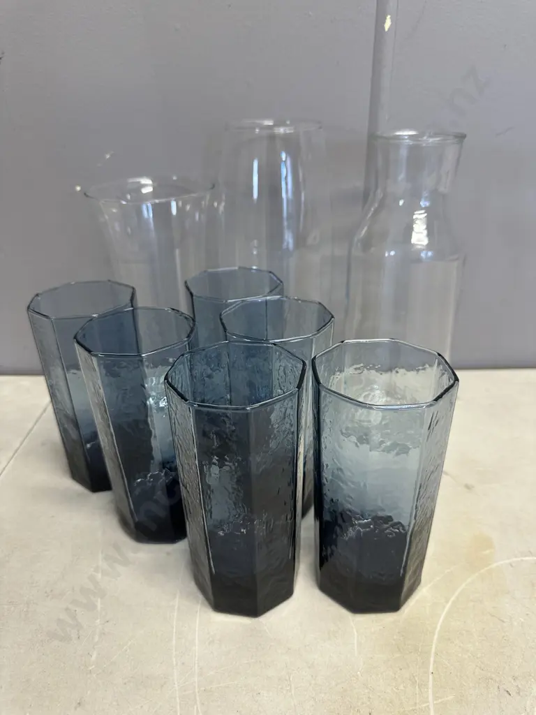 Glassware Items Including Stormy Blue Octagonal Set Of Six Glasses Image 1++
