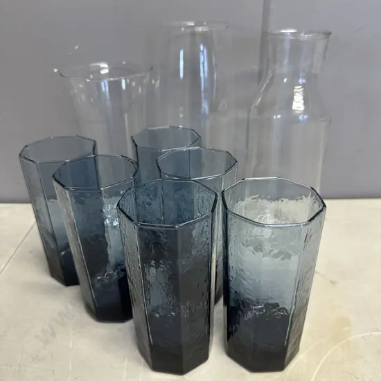 Glassware Items Including Stormy Blue Octagonal Set Of Six Glasses
