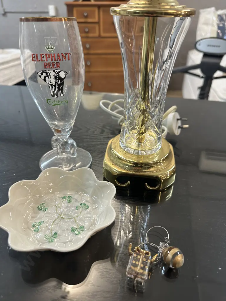 Karen Crystal Lamp Base, Carlsberg, Elephant  Beer Glass & Belleck Dish Image 1++