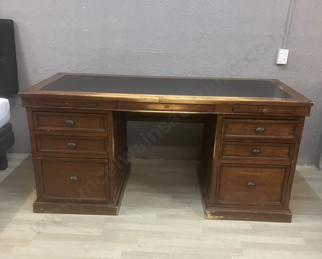 Irish Coast Double Pedestal 6 Drawer Desk, Pull Out Writing Slides, Leather Top, Cupped Handles. H83 W174 D79cm Image 1++