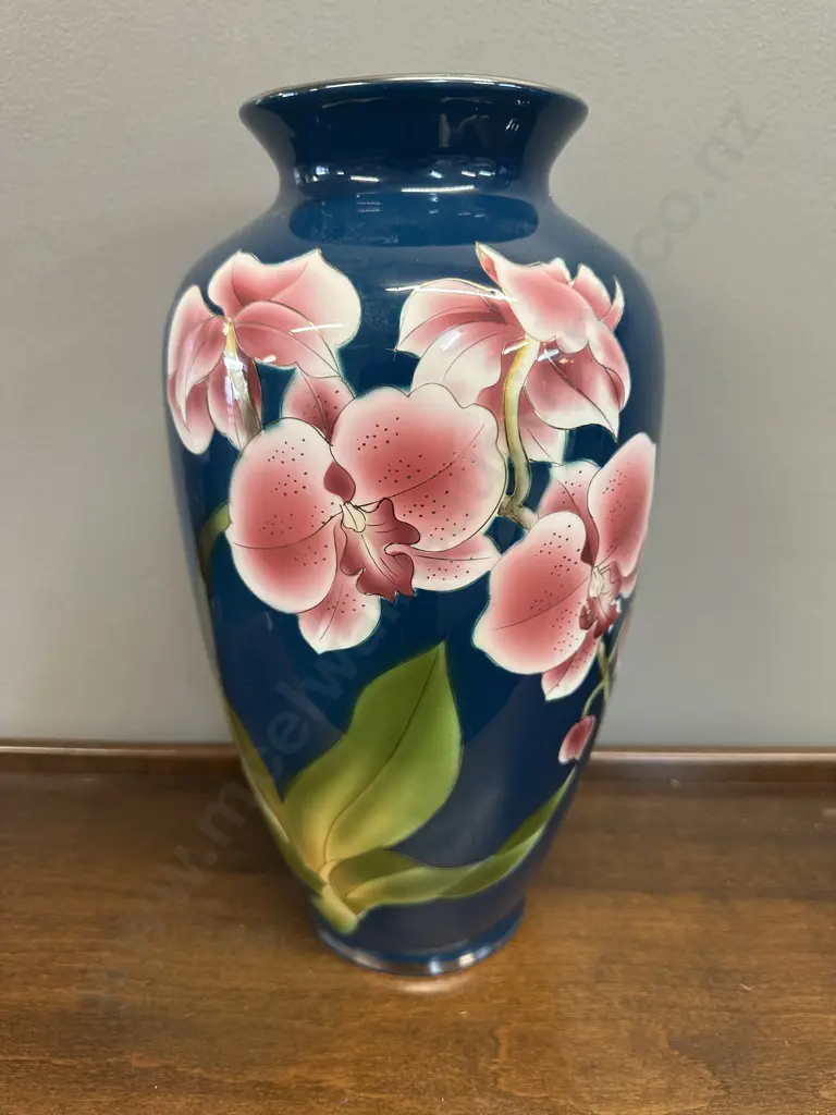 Vintage Kokusui Deep Teal Cattleya Vase With Pink Orchid Blossoms & Polished Metalic Rim H31cm. Image 1++