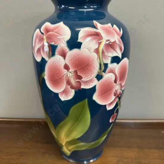 Vintage Kokusui Deep Teal Cattleya Vase With Pink Orchid Blossoms & Polished Metalic Rim H31cm.