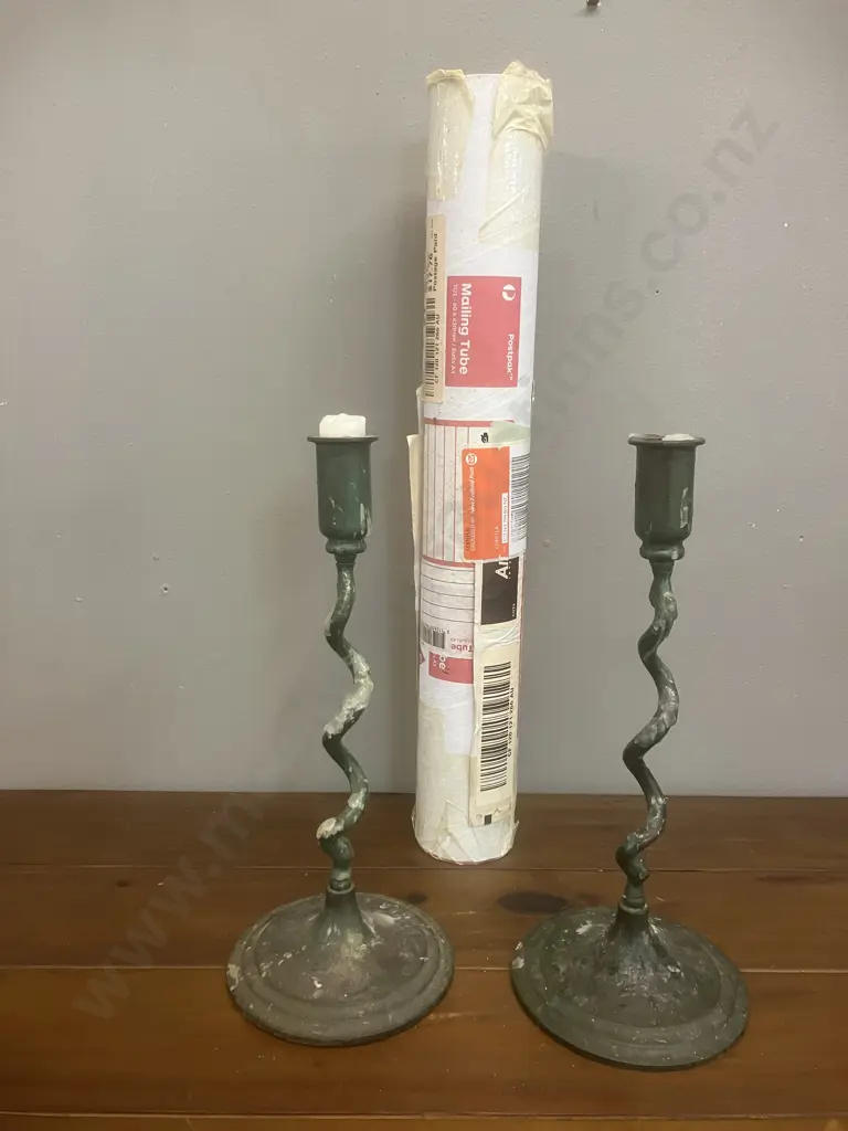 Vintage Chinese Hanging Scroll Caligraphy on Paper (Needs Repair) & Pair of Bronze Candlesticks With Twisted Stems H27cm Image 1++