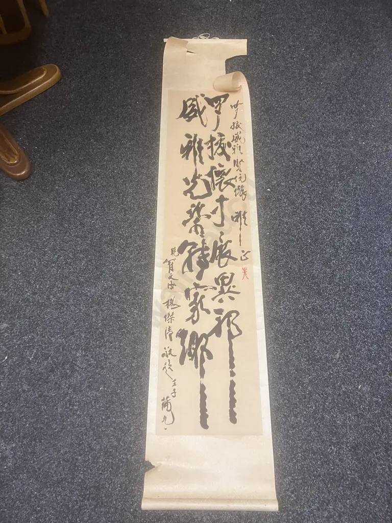 Vintage Chinese Hanging Scroll Caligraphy on Paper (Needs Repair) & Pair of Bronze Candlesticks With Twisted Stems H27cm Image 1++