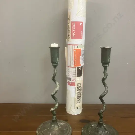 Vintage Chinese Hanging Scroll Caligraphy on Paper (Needs Repair) & Pair of Bronze Candlesticks With Twisted Stems H27cm