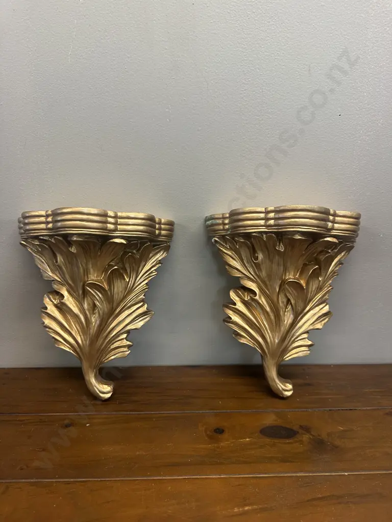 Pair Of Ornate Gold Gilt Acantus Leaf Wall Shelves (as found) H25cm. Image 1++