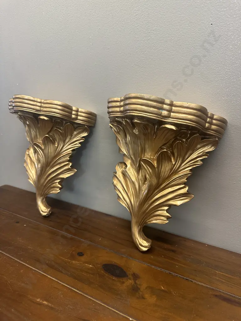 Pair Of Ornate Gold Gilt Acantus Leaf Wall Shelves (as found) H25cm. Image 1++