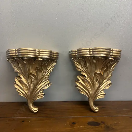 Pair Of Ornate Gold Gilt Acantus Leaf Wall Shelves (as found) H25cm.