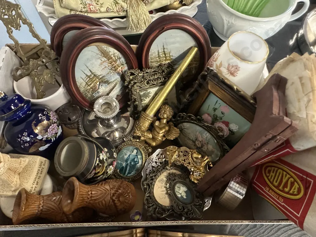 Box Lot Of Assorted Vintage Items Including Framed Artwork, China Etc Image 1++
