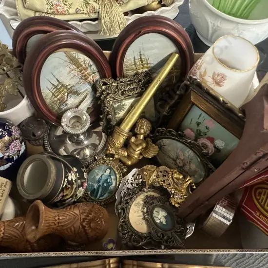 Box Lot Of Assorted Vintage Items Including Framed Artwork, China Etc
