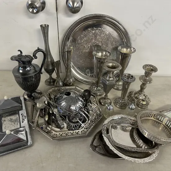 Assorted Silverware Items Including Vases, Serving Tray Etc