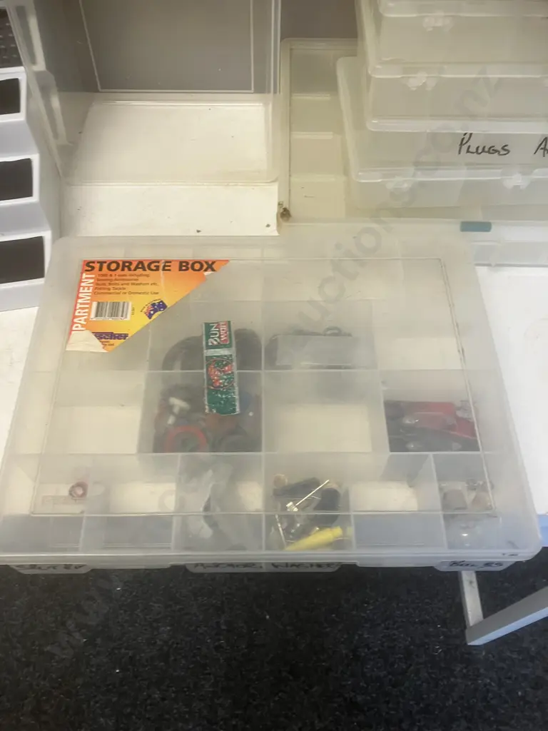 Pair of 3 Tier Shelf Organisers, Plastic Sorter Boxes, Small Amount of Washers, Bulbs Etc Image 1++