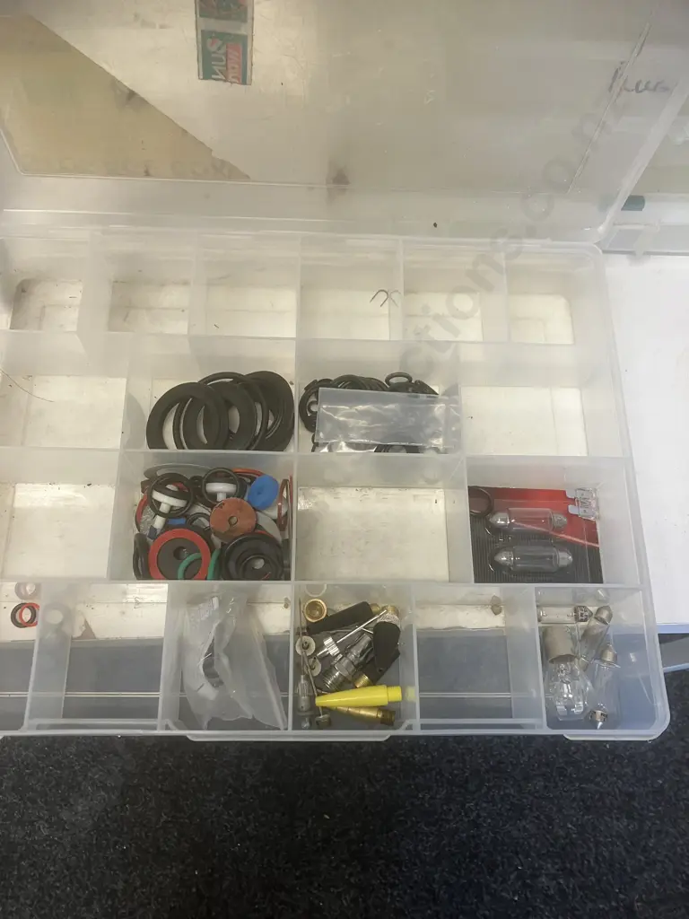 Pair of 3 Tier Shelf Organisers, Plastic Sorter Boxes, Small Amount of Washers, Bulbs Etc Image 1++