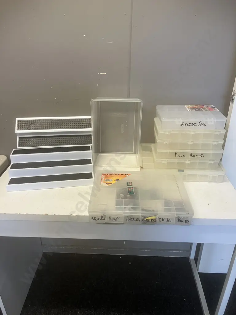Pair of 3 Tier Shelf Organisers, Plastic Sorter Boxes, Small Amount of Washers, Bulbs Etc Image 1++