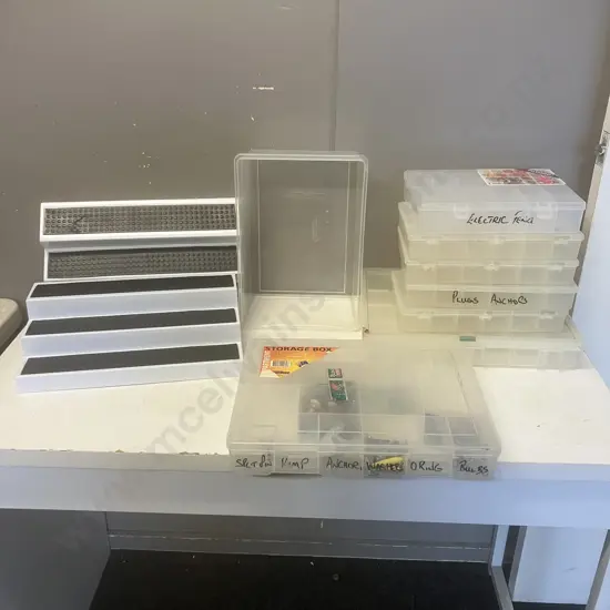 Pair of 3 Tier Shelf Organisers, Plastic Sorter Boxes, Small Amount of Washers, Bulbs Etc