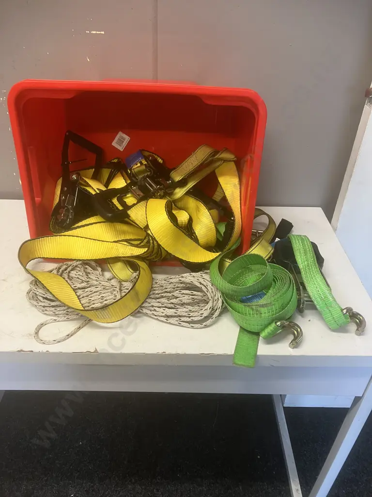 Ratchet Tie-Downs, Rope Etc In Red Bin Image 1++