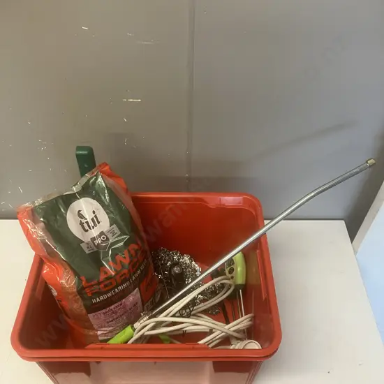 Red Bin - Lawn Seed, Gallagher Live Fence Indicator, Moisture Meters Etc
