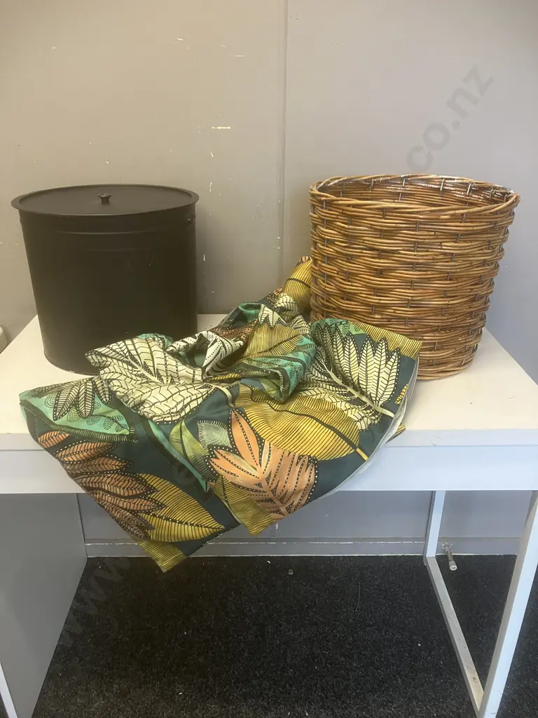 Black Bucket With Lid, Cane Basket & 3 Cushion Covers Image 1++