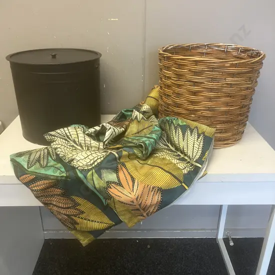 Black Bucket With Lid, Cane Basket & 3 Cushion Covers