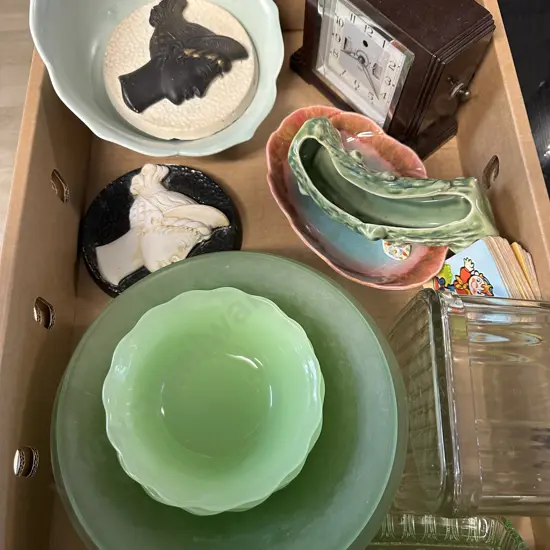 Box Lot Of China & Glass Items Including Temuka, Wall Plaques, Noddy Cards Etc