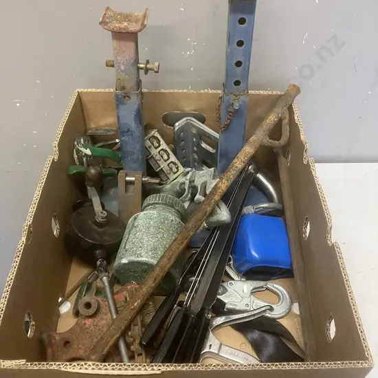 Box Lot - Axle Stands, Seat Belt, SnapOn Tool Etc