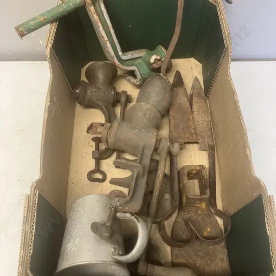 Box Lot - Crucible, Engine Crank Handle, Meat Grinders Etc