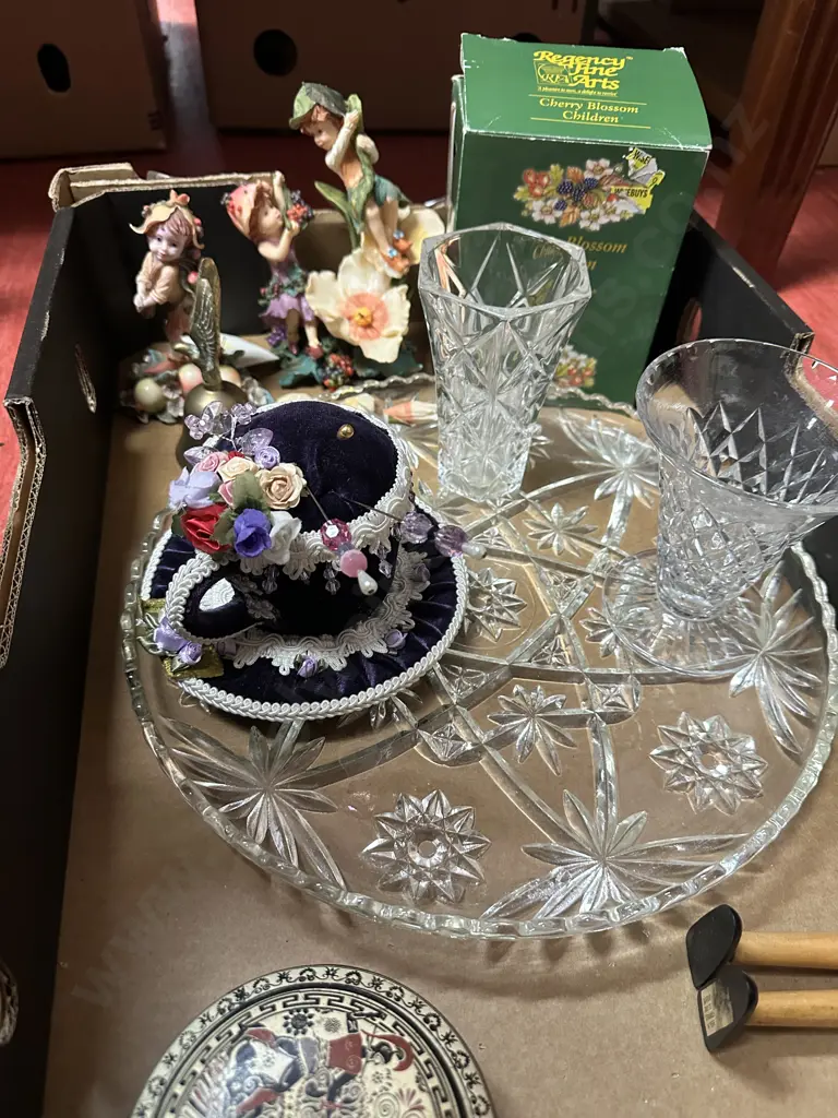 Box Lot Of Crystal, Figurines, Hat Pins Etc Image 1++