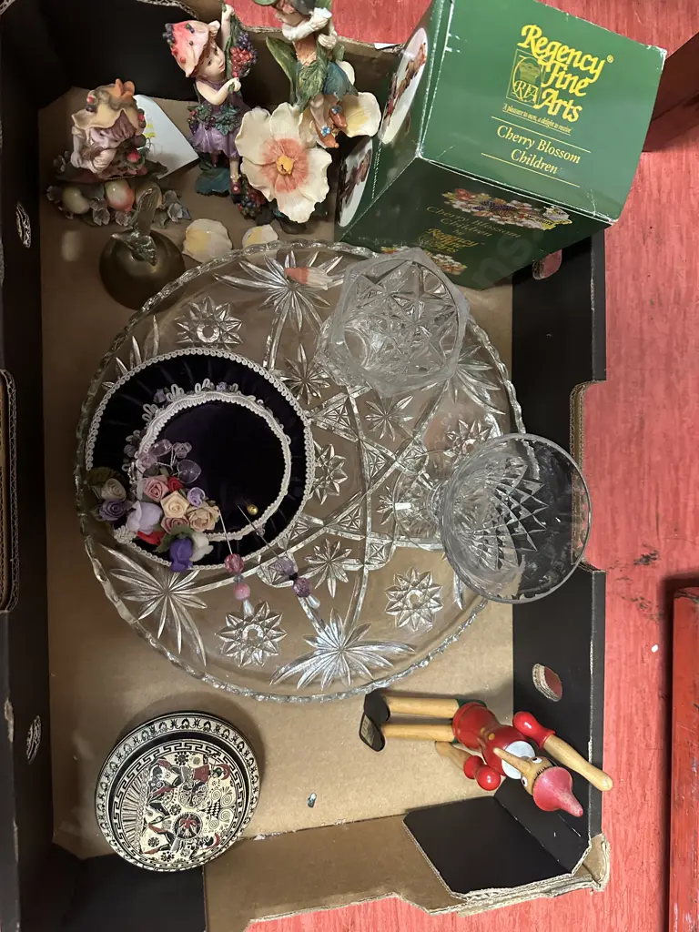 Box Lot Of Crystal, Figurines, Hat Pins Etc Image 1++