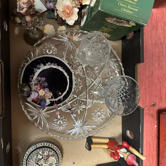 Box Lot Of Crystal, Figurines, Hat Pins Etc