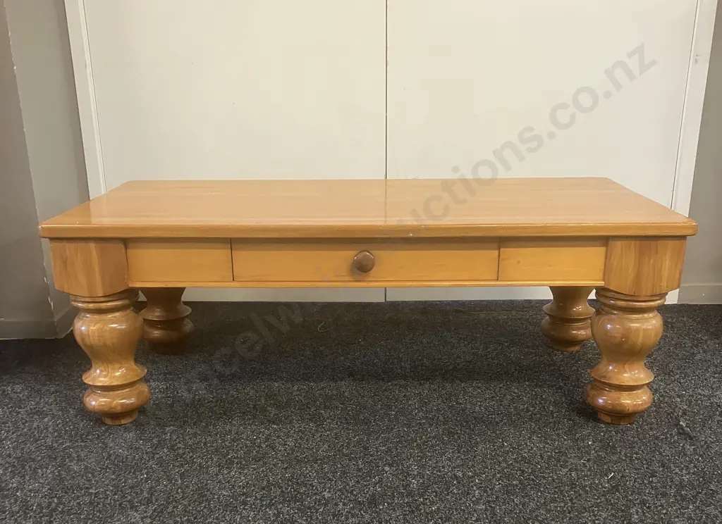Rimu Coffee Table, Turned legs, Drawer Each Side. H42 W120 D59cm (1 Drawer Has Damage To Base) Image 1++