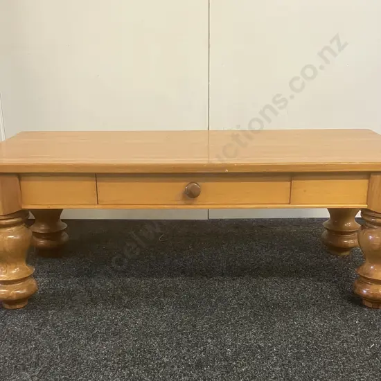Rimu Coffee Table, Turned legs, Drawer Each Side. H42 W120 D59cm (1 Drawer Has Damage To Base)