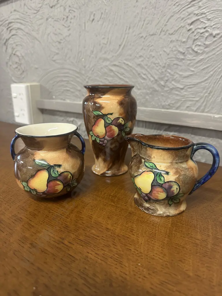 Art Deco H&K Tunstall Vase 'Lucious Pattern', Double Handle Vase & Creamer Fruit Pattern Image 1++