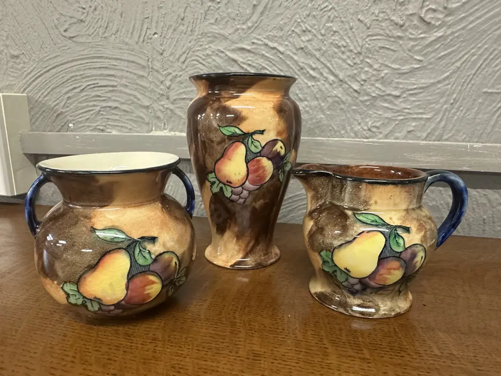 Art Deco H&K Tunstall Vase 'Lucious Pattern', Double Handle Vase & Creamer Fruit Pattern Image 1++