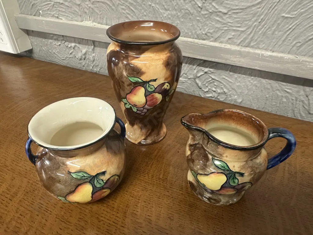 Art Deco H&K Tunstall Vase 'Lucious Pattern', Double Handle Vase & Creamer Fruit Pattern Image 1++