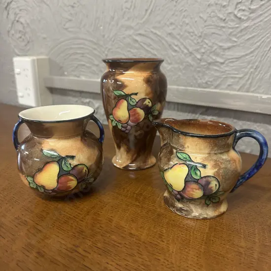 Art Deco H&K Tunstall Vase 'Lucious Pattern', Double Handle Vase & Creamer Fruit Pattern
