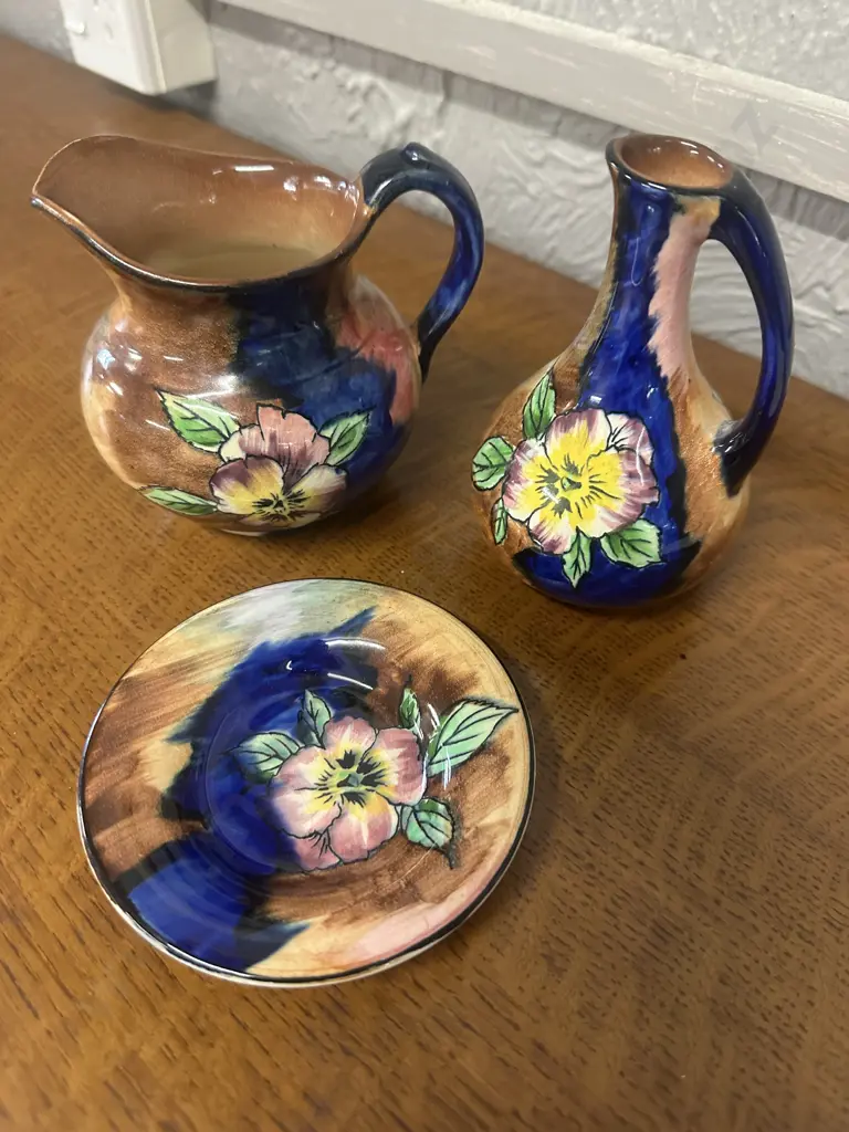 Art Deco H&K Tunstall Jug, Handled Vase & Demi Dish Viola Pattern Image 1++